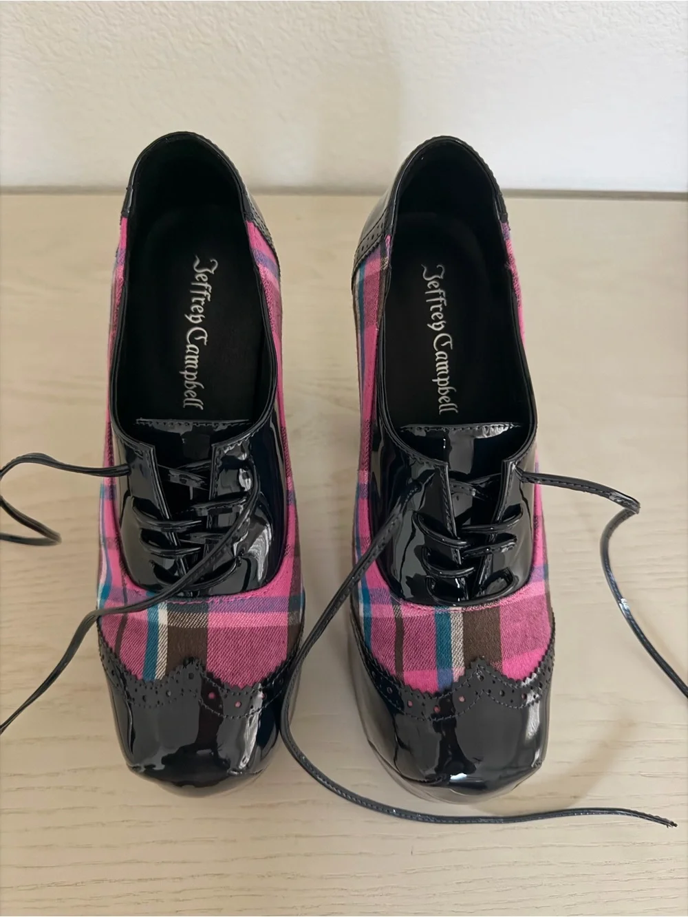 Women's Pink Plaid Platform Lace-Up Heels